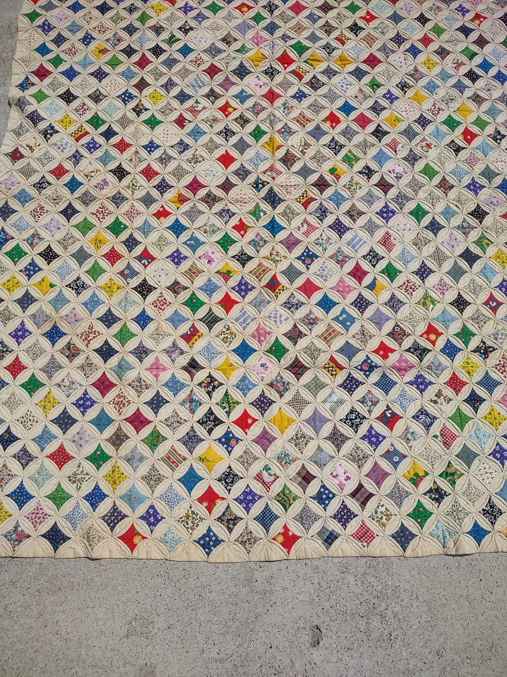 vintage Cathedral Quilt handmade 78x80" Hand Sewn Stitched Patchwork Antique